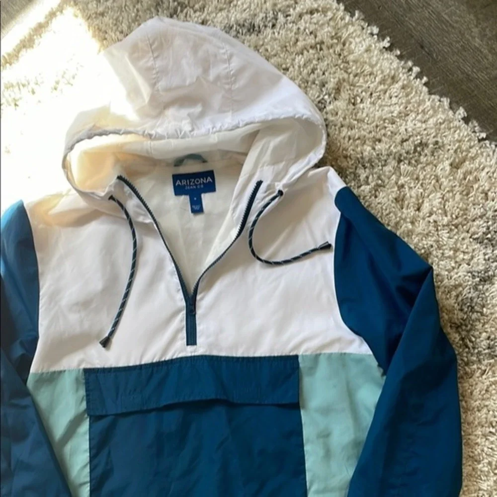Arizona Jean Co Mens Colorblock Quarter Zip Windbreaker Jacket Teal Navy White M